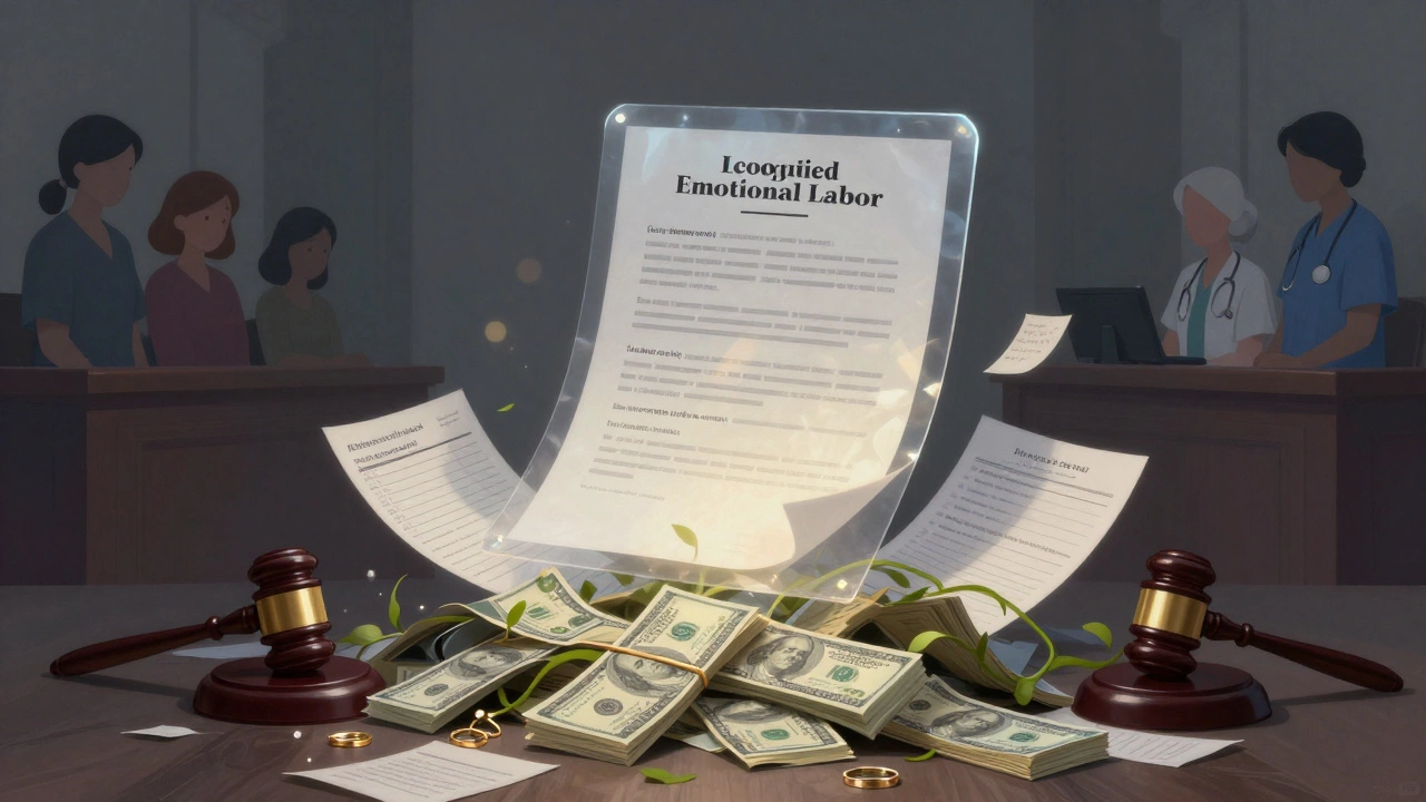 A floating legal document rises above cash, rings, and care logs, symbolizing law vs. emotional labor.
