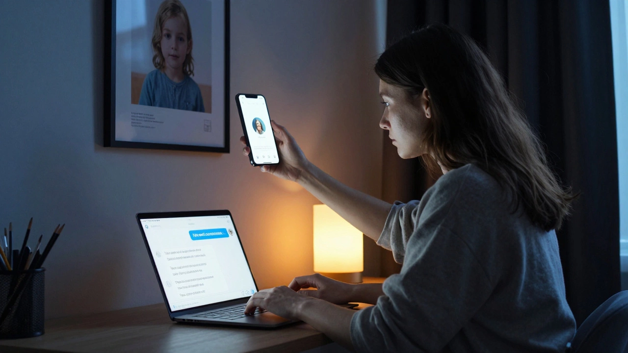 A modern Russian woman in a quiet apartment uses a coded messaging app, her phone showing an artful Instagram profile.