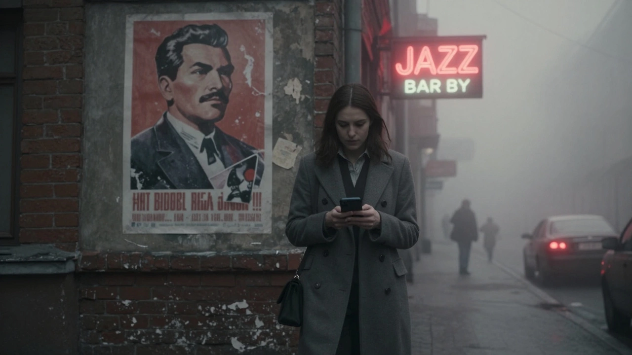 A woman walks alone through a foggy Moscow alley at dawn, passing a faded Soviet mural and a hidden jazz bar sign.