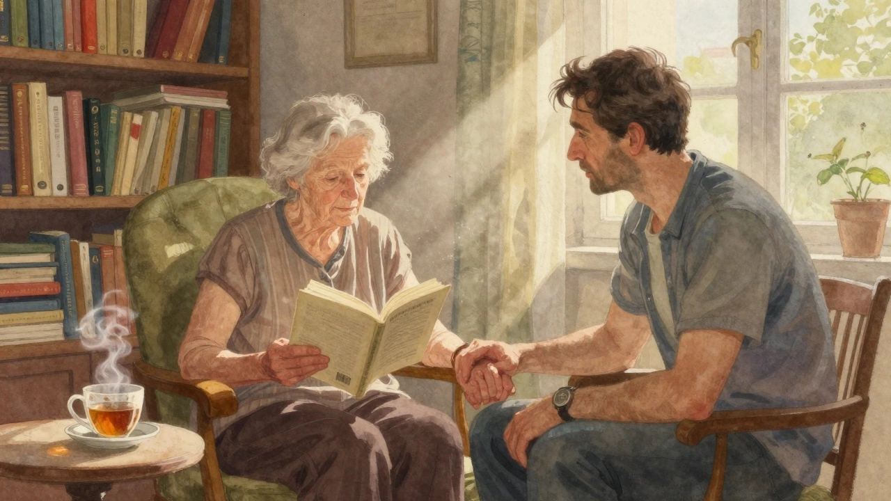 An elderly woman reads poetry to a companion in a sunlit Paris apartment, holding his hand.